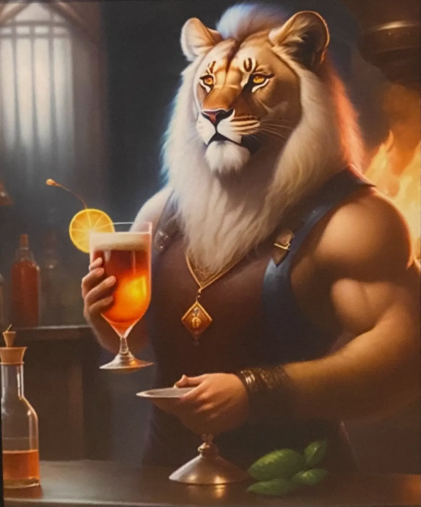 portrait-d'un-lion-portant-une-armure-medievale-et-un-cocktail-dans-une-main
